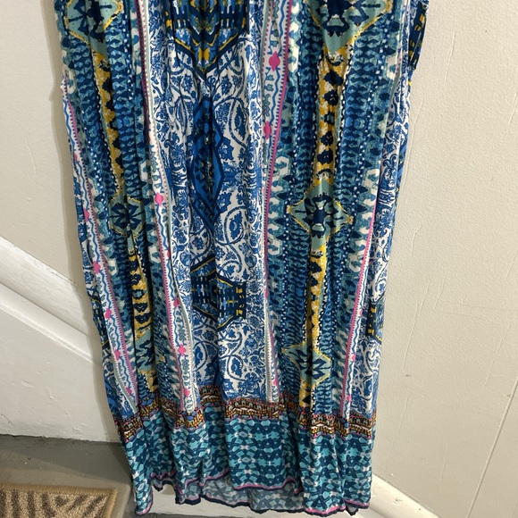 Colorful Boho Maxi Dress- Empire Waist, Crochet Lace Detail, Halter Ties- Size L - Picture 8 of 9